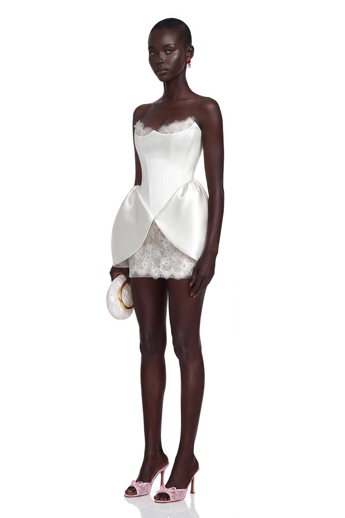 Tiphaine White Sweetheart Lace Ruffled Mini Dress