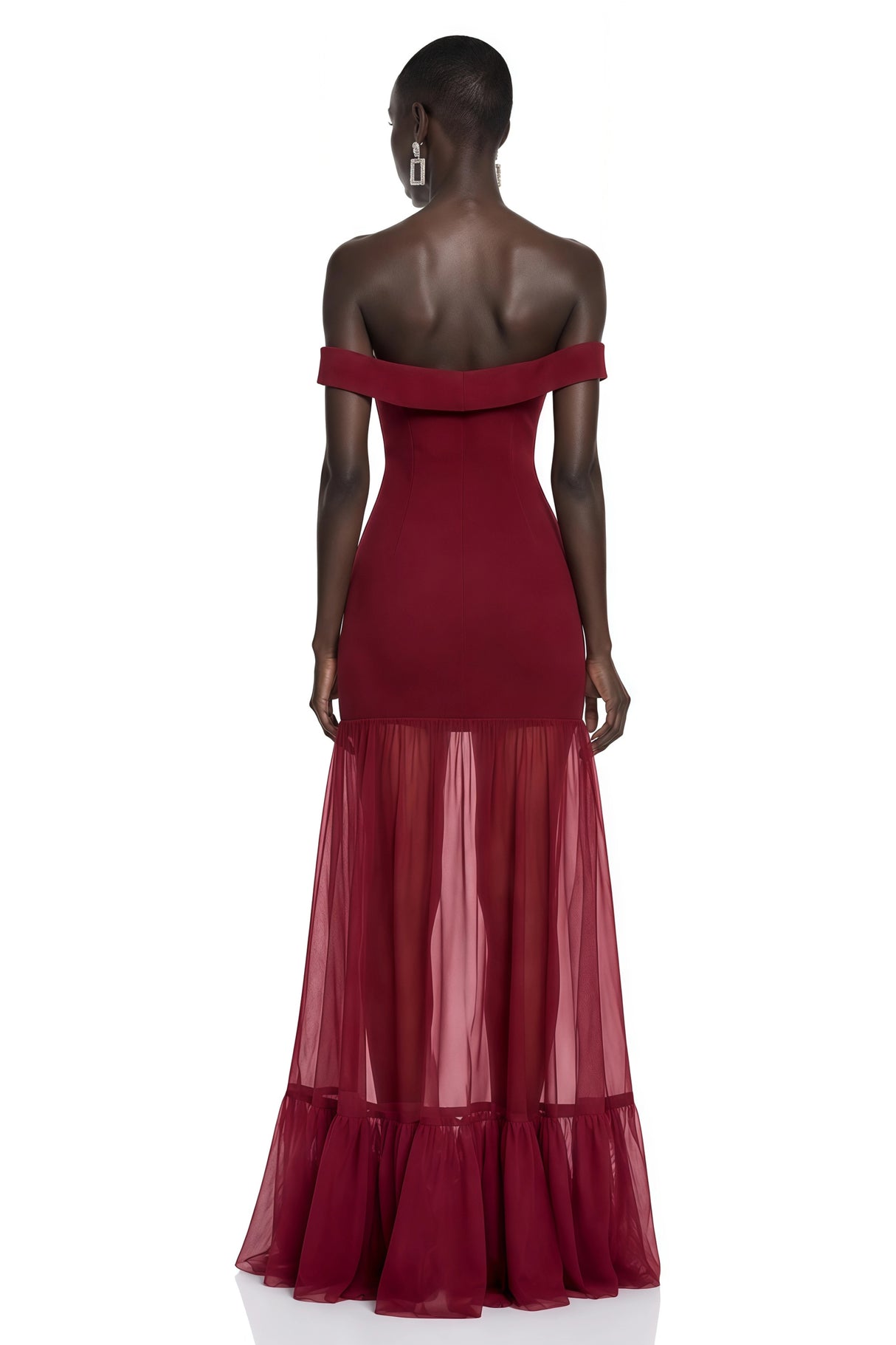 Tupou Burgundy Off Shoulder SemiSheer Maxi Dress