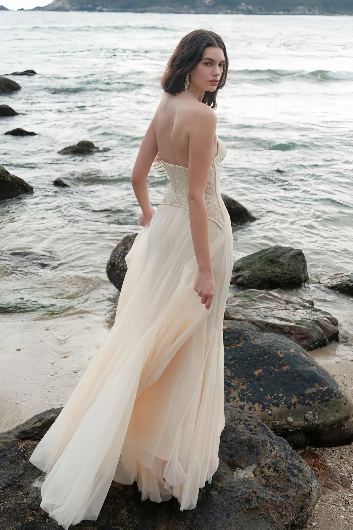 Ulrique Beige Lace Corset Tulle Maxi Dress