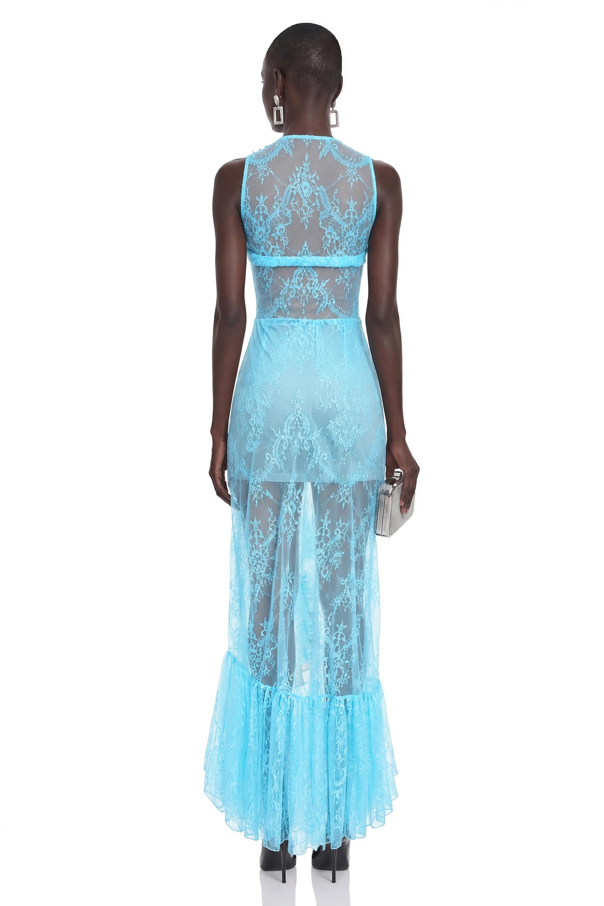 Umber Blue Lace Ruffled Asymmetrical Maxi Dress