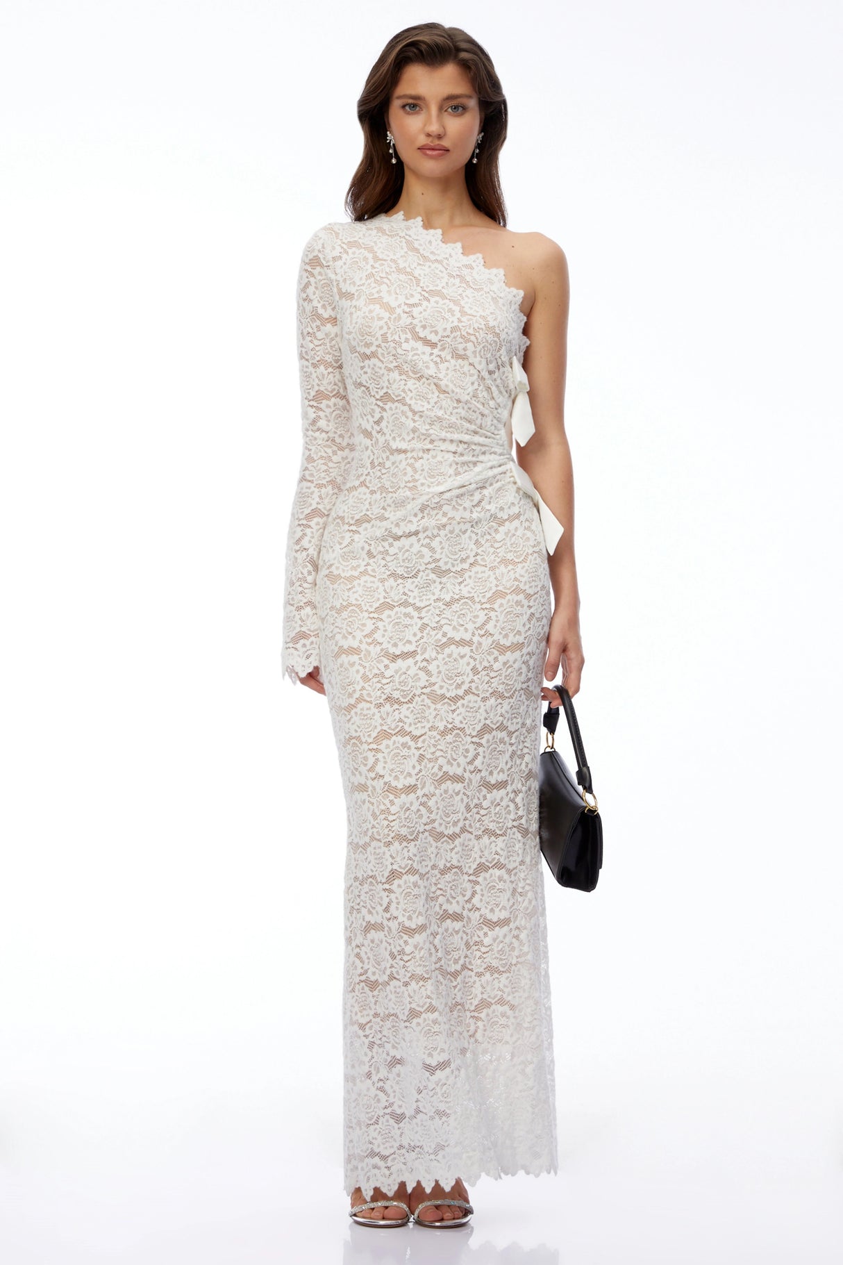 Unity White One Shoulder Lace Maxi Dress with Bow