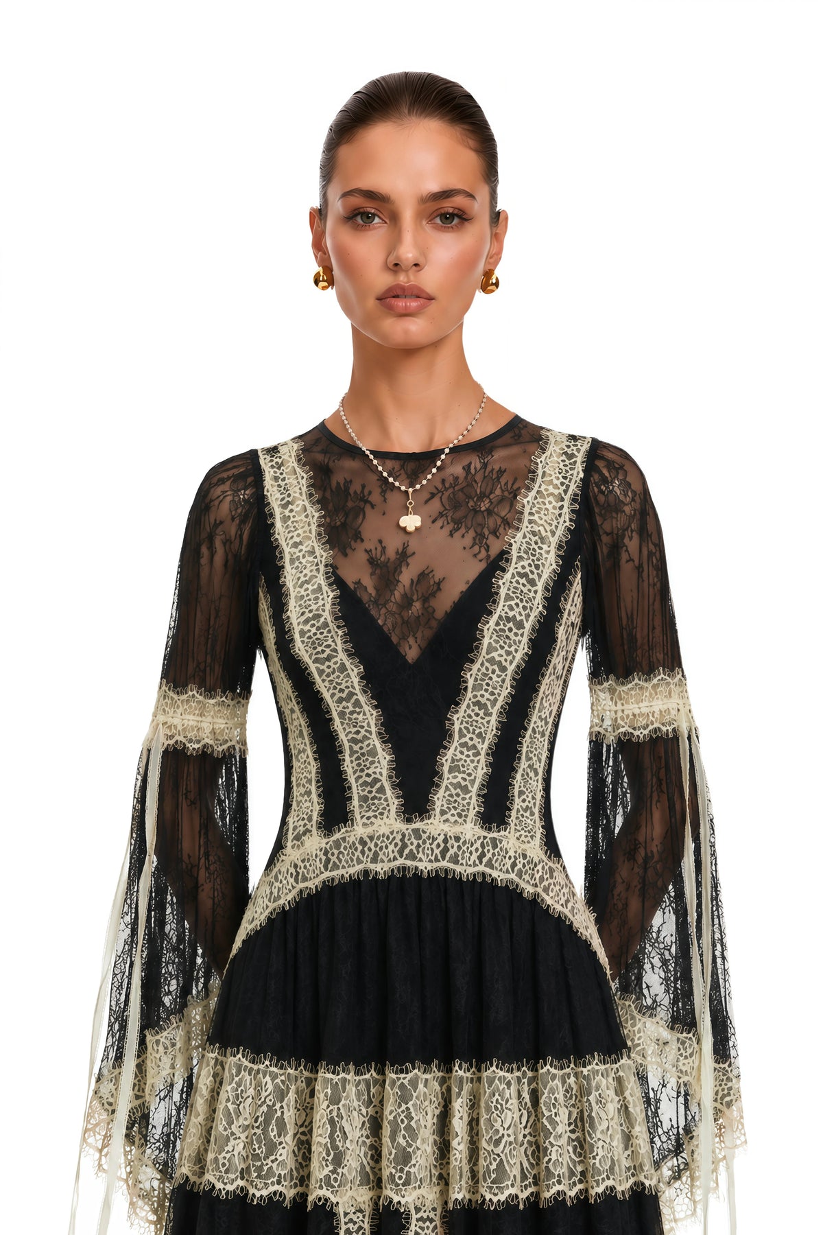Valentina Black Color Block Lace Maxi Dress