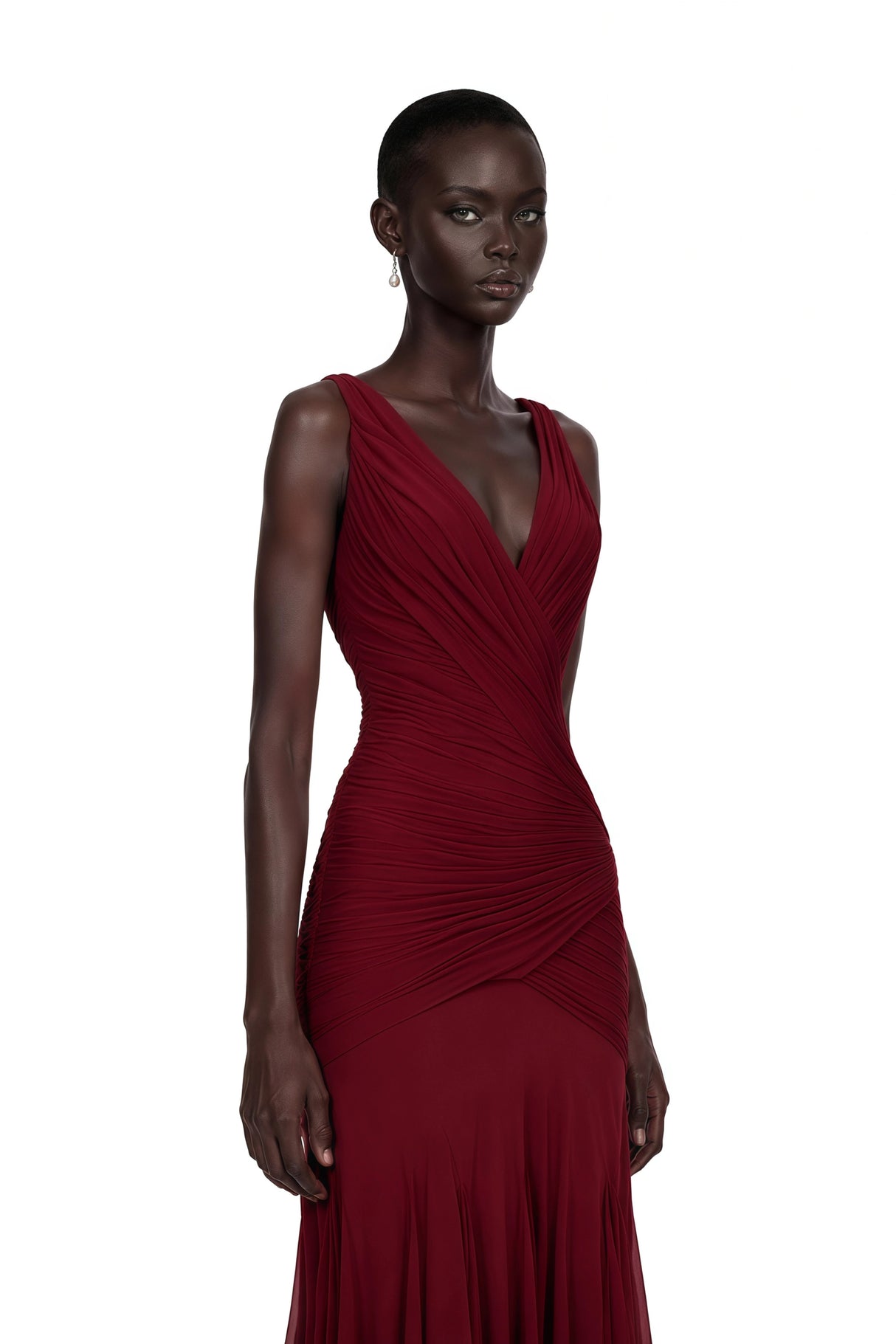 Valentina Burgundy VNeck Ruched Maxi Dress