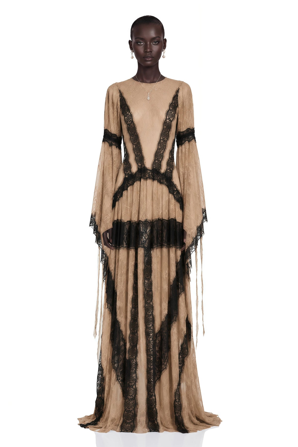 Valentina Nude Color Block Lace Maxi Dress