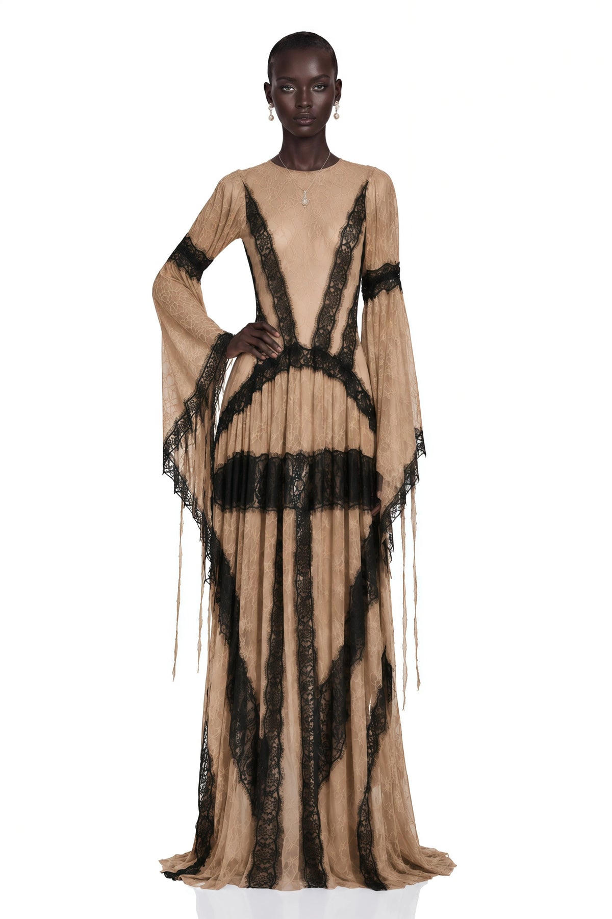 Valentina Nude Color Block Lace Maxi Dress