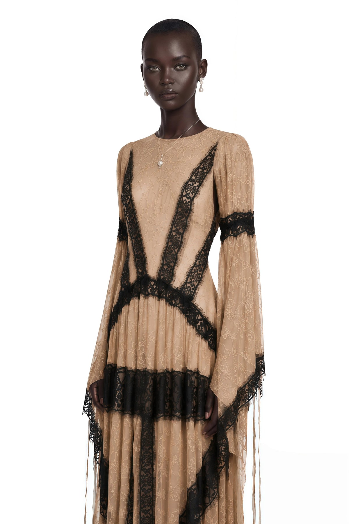 Valentina Nude Color Block Lace Maxi Dress