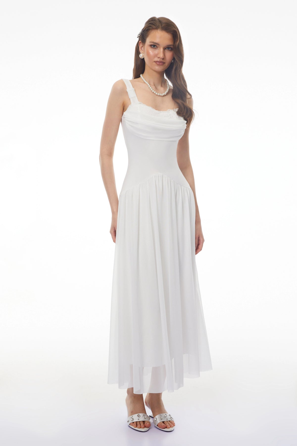 Valentina White Halterneck Ruched Maxi Dress