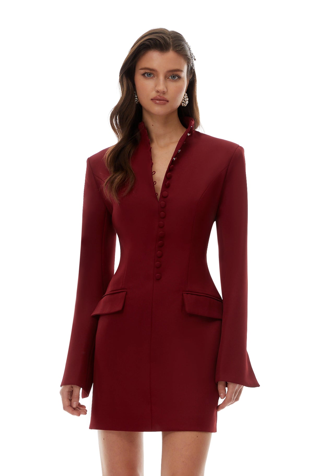 Valeria Burgundy Stand Collar Long Sleeve Mini Dress