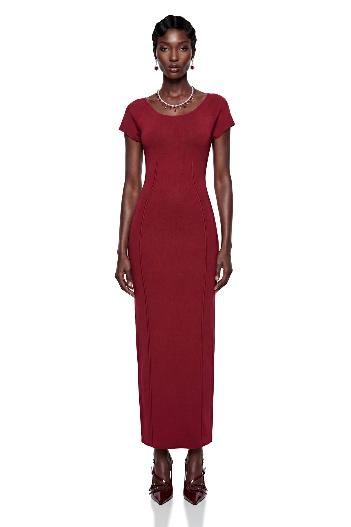 Valeria Red Knit Pencil Maxi Dress