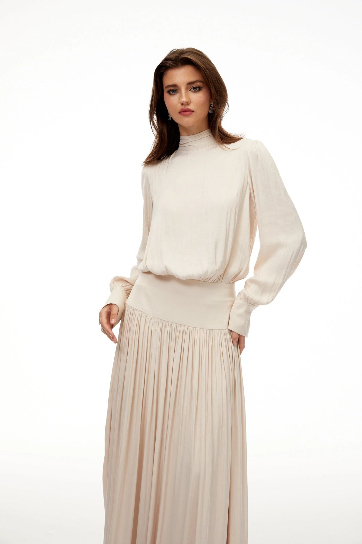 Valérie Neutral SelfTie Pleated Maxi Dress