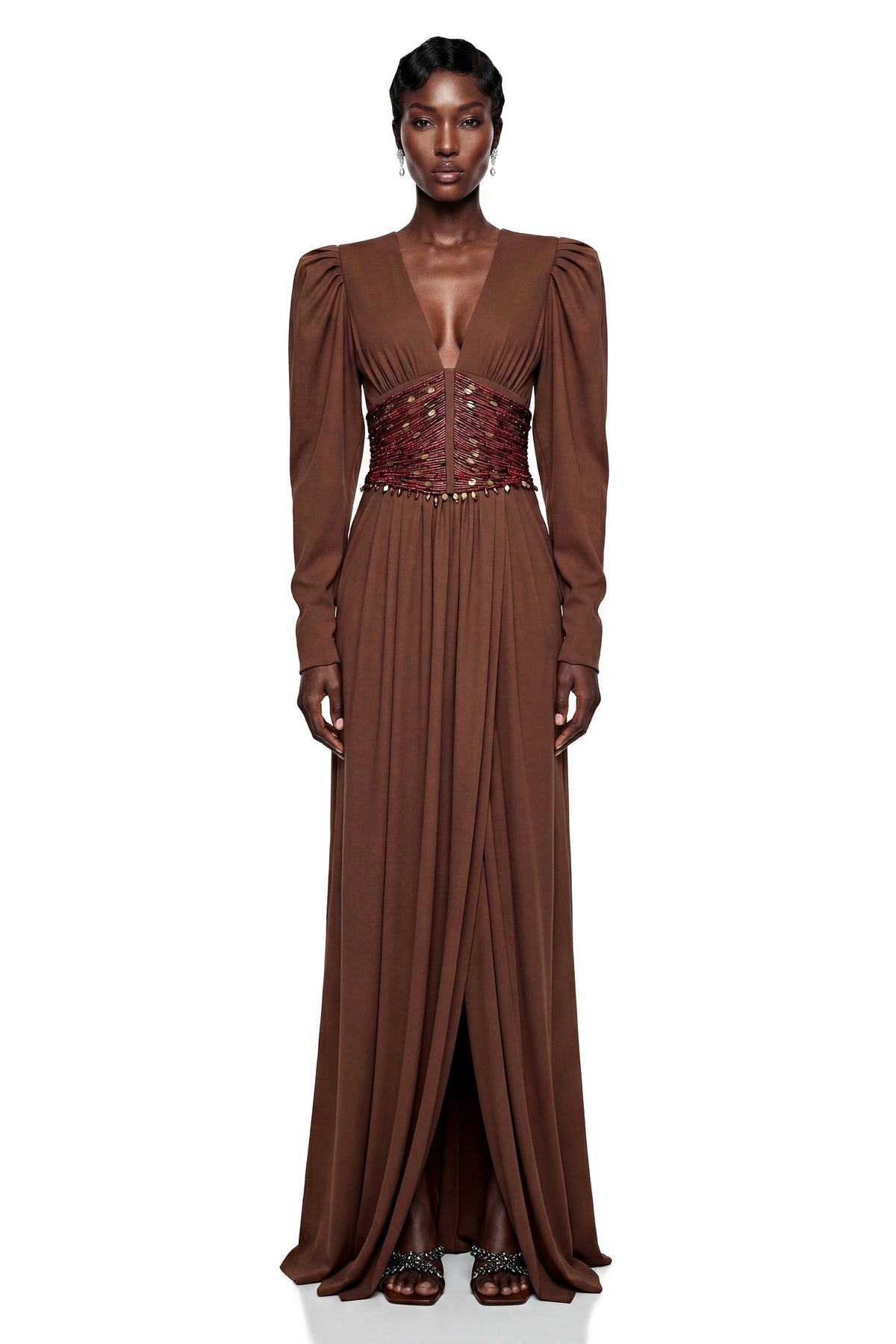Vasilisa Brown Deep VNeck Ruched Maxi Dress
