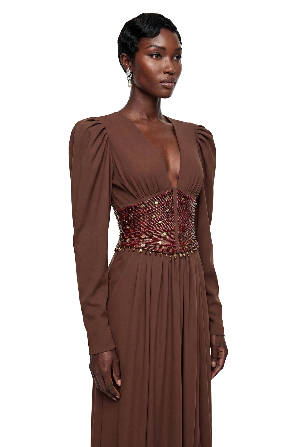 Vasilisa Brown Deep VNeck Ruched Maxi Dress