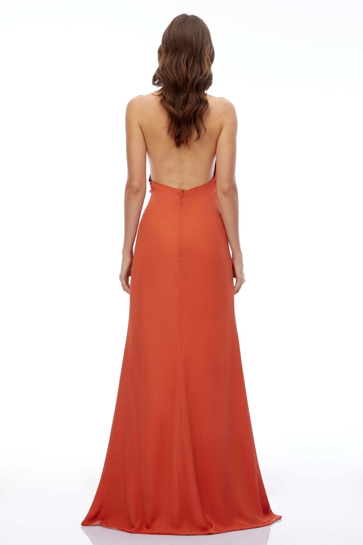Veda Orange Halterneck Ruched Maxi Dress with Slit