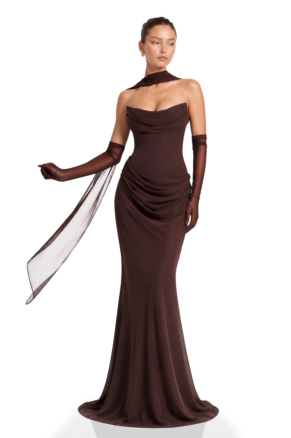 Vedette Brown Ruched Corset Maxi Dress Without Gloves