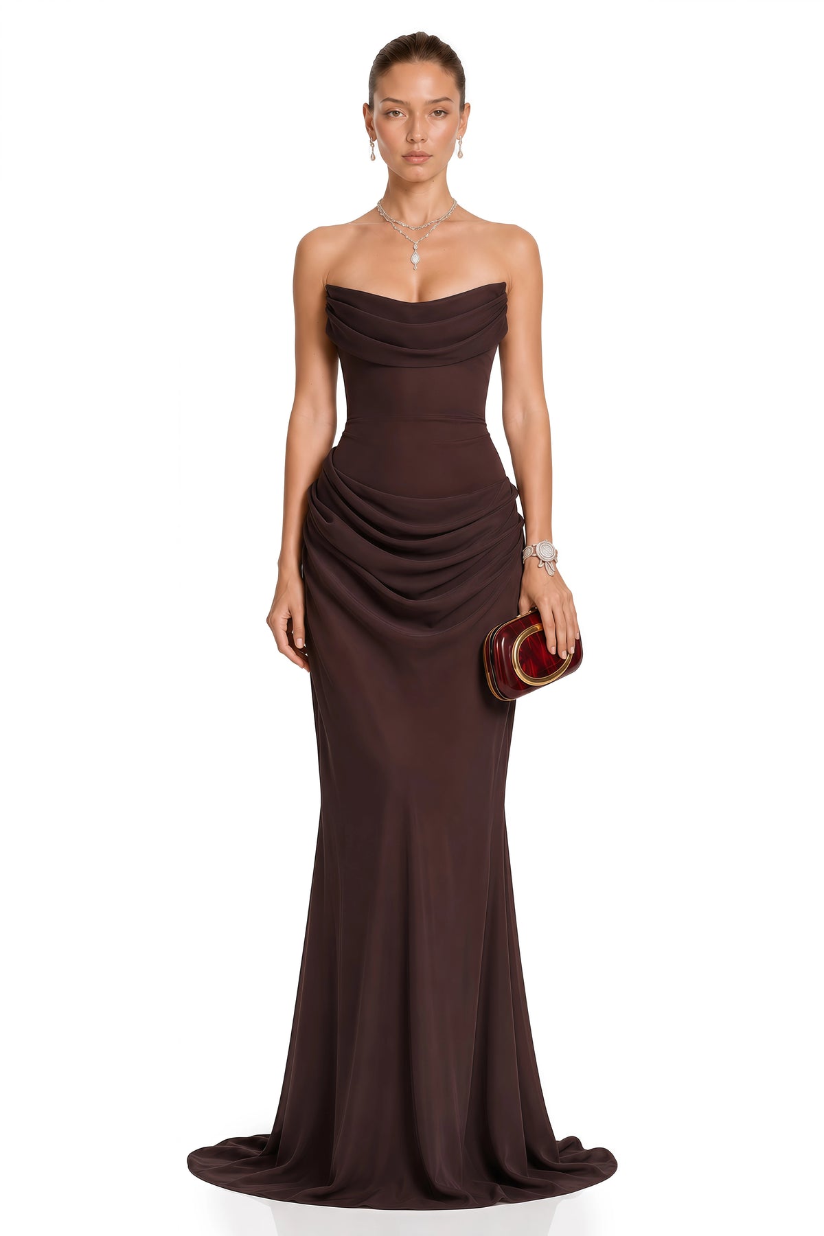 Vedette Brown Ruched Corset Maxi Dress Without Gloves