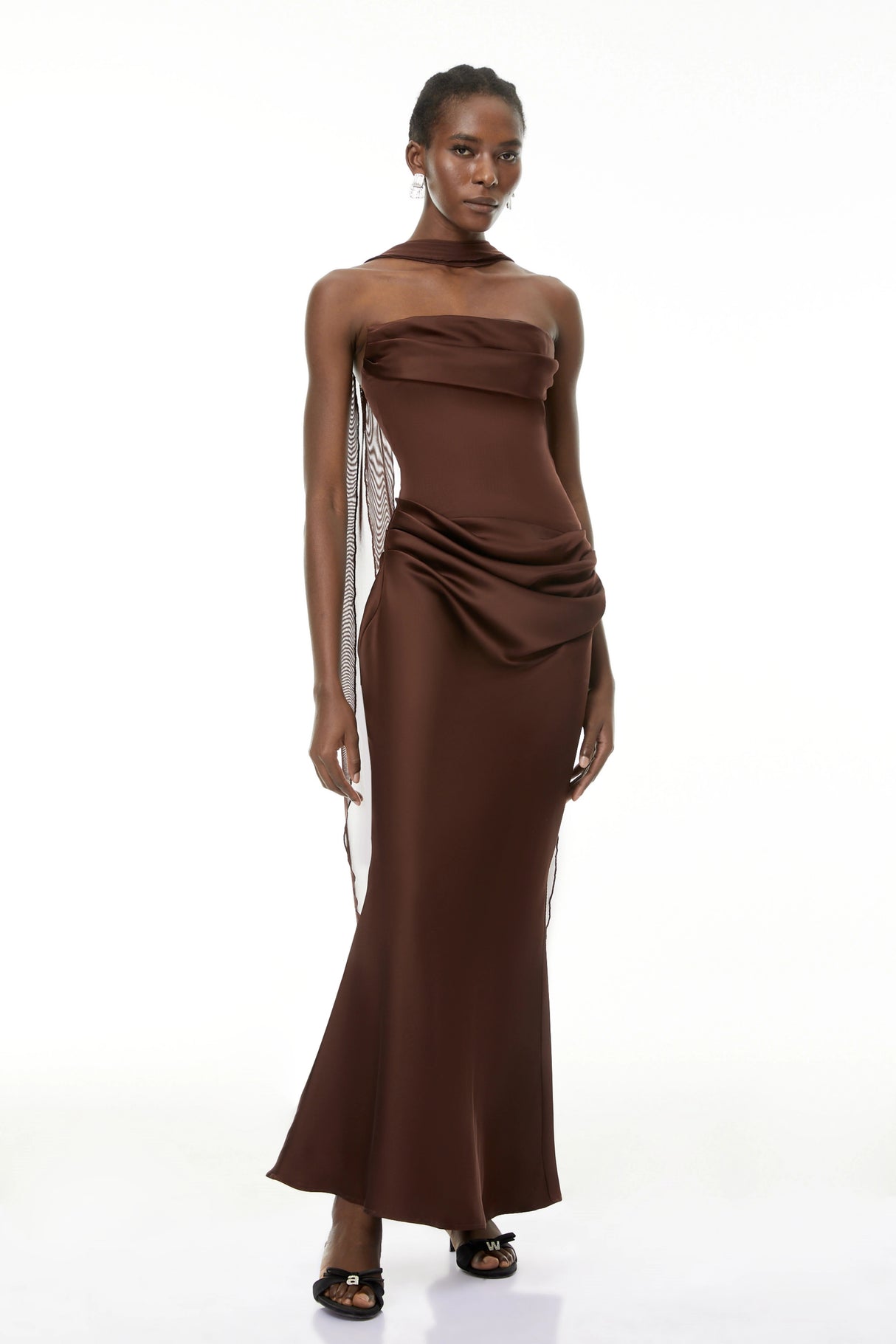 Vedette Brown Ruched Corset Maxi Dress Without Gloves