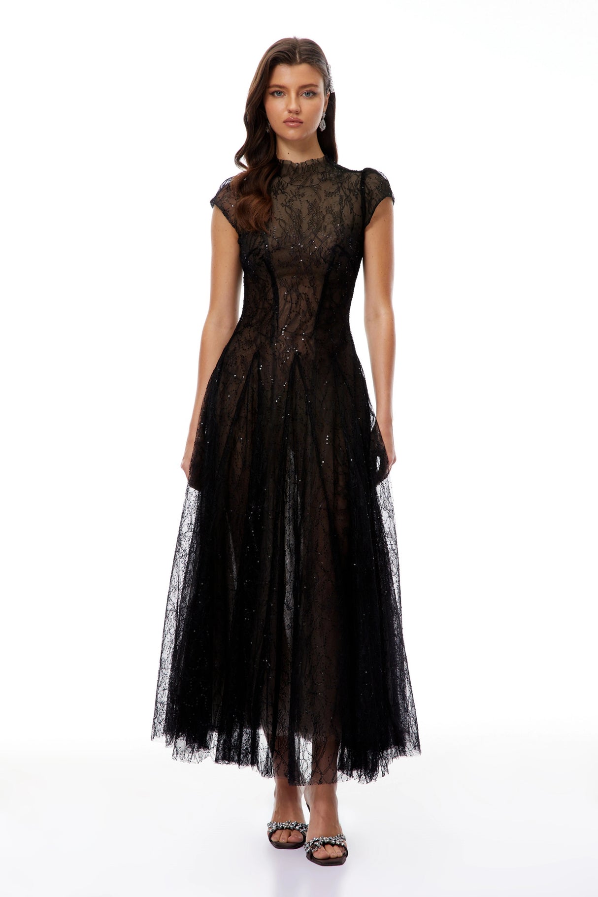 Velia Black Lace Glitter Tulle Maxi Gown