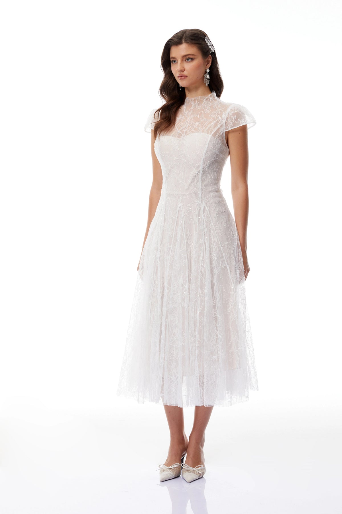 Velia White Lace Glitter Tulle Maxi Gown