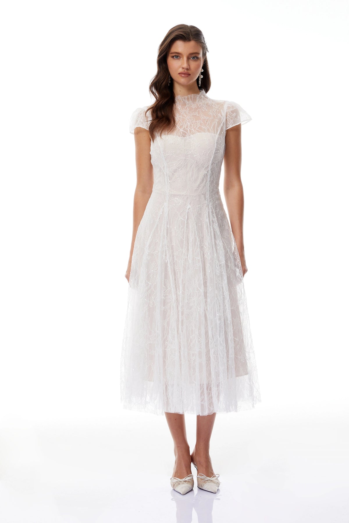 Velia White Lace Glitter Tulle Maxi Gown