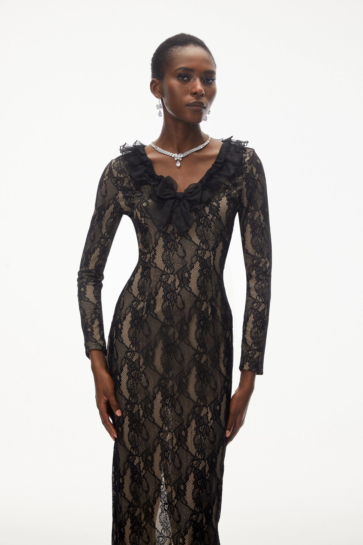 Vesna Black Ruffled Lace Midi Dress