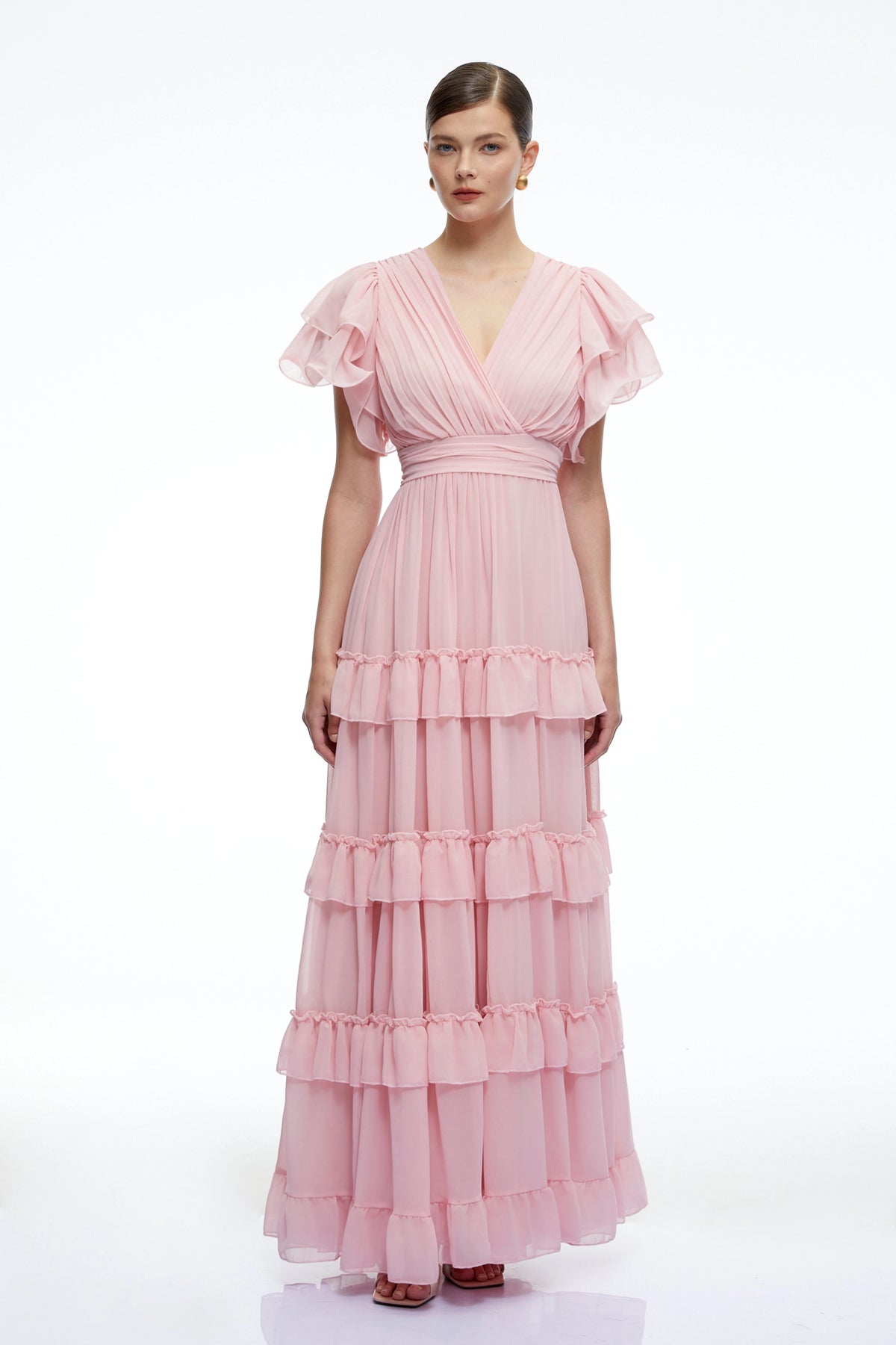 Vespera Pink VNeck Tiered Maxi Dress with Flutter Sleeves