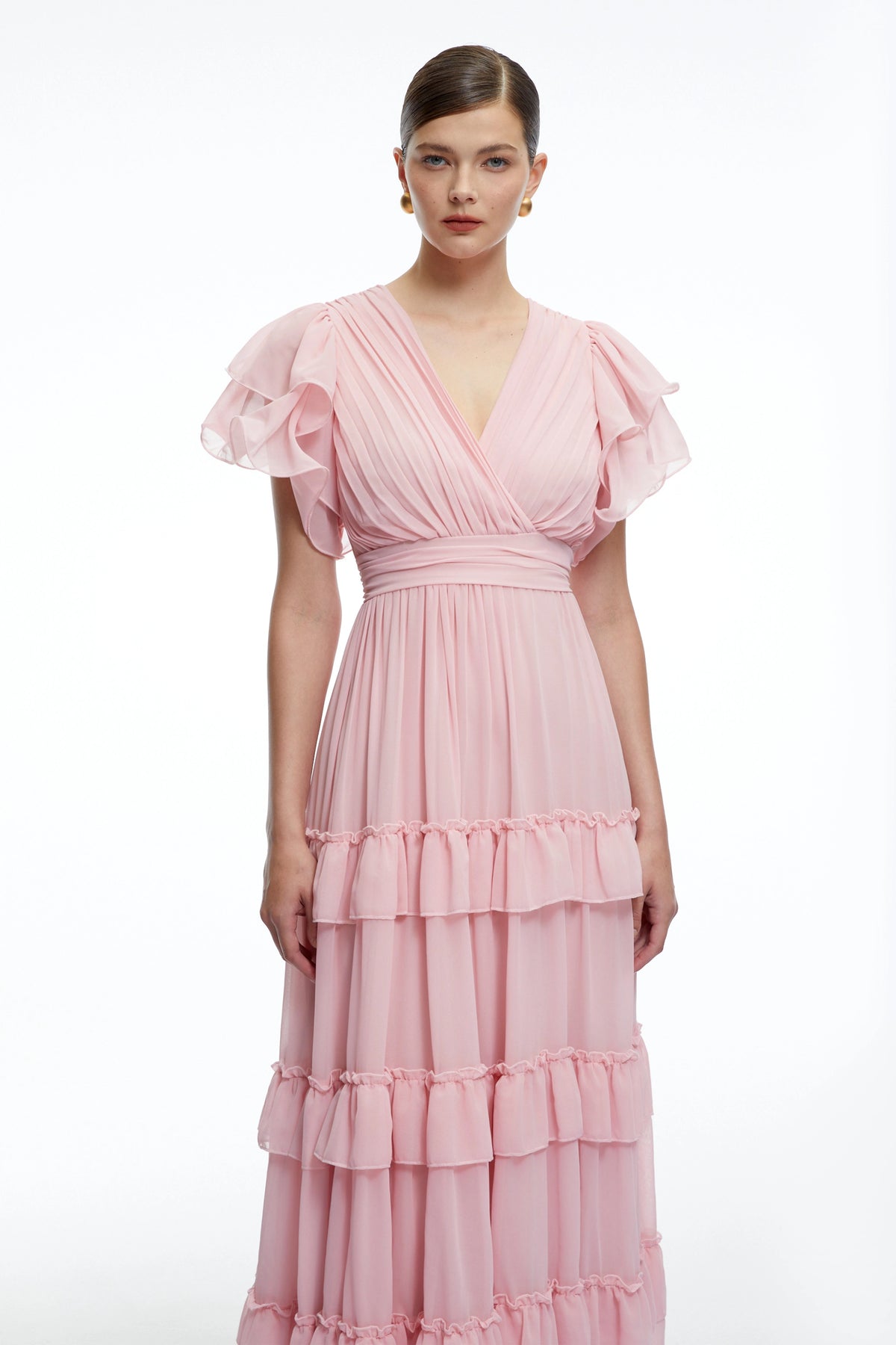 Vespera Pink VNeck Tiered Maxi Dress with Flutter Sleeves