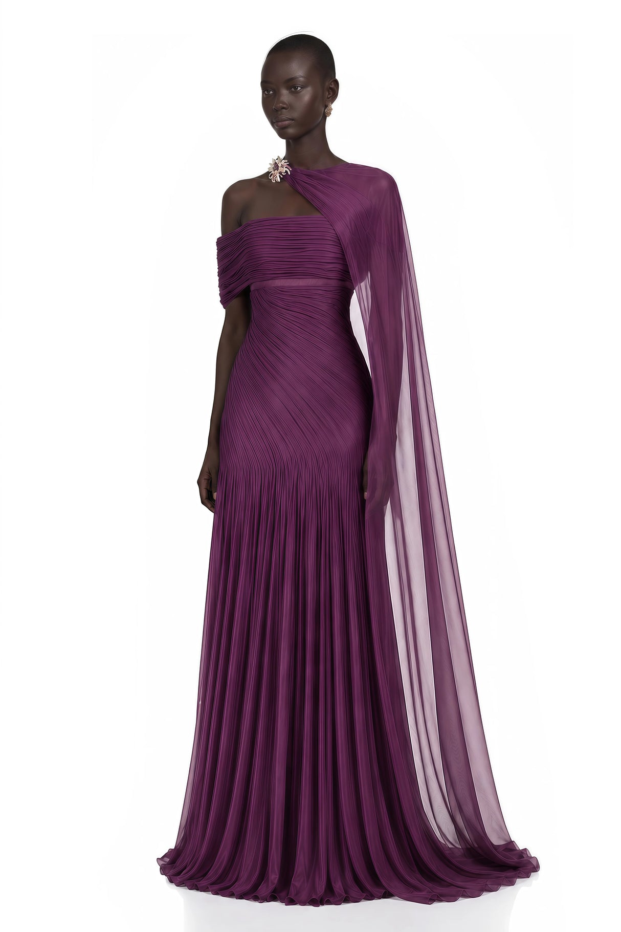 Victoire Plum Purple Asymmetric Draped Cape Maxi Gown