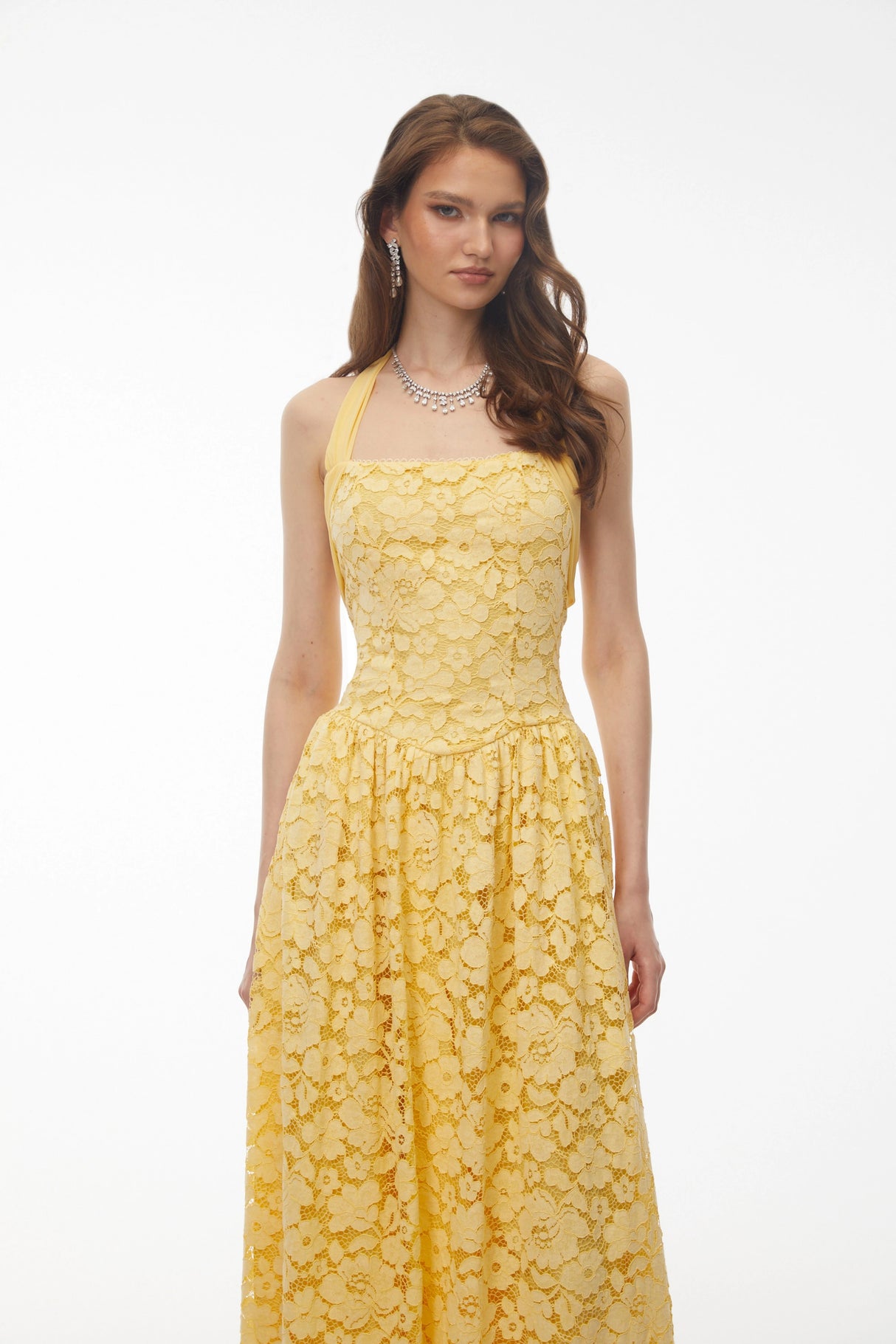Victoria Butter Yellow Floral Lace Halterneck Midi Dress