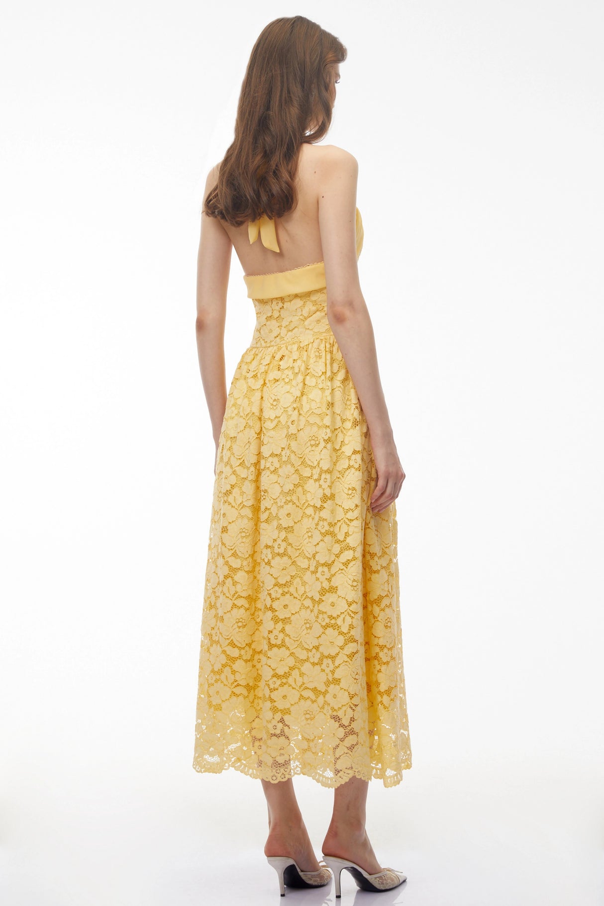 Victoria Butter Yellow Floral Lace Halterneck Midi Dress