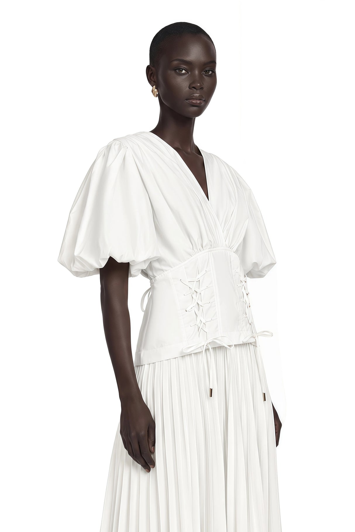 Vienne White LaceUp Pleated Maxi Dress