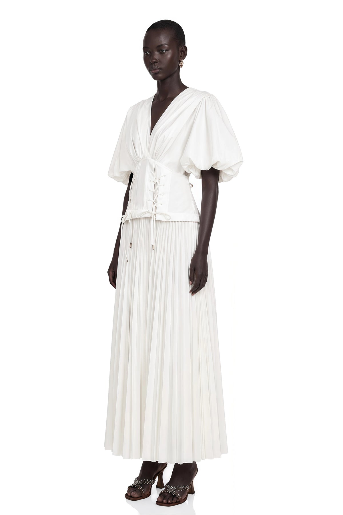 Vienne White LaceUp Pleated Maxi Dress