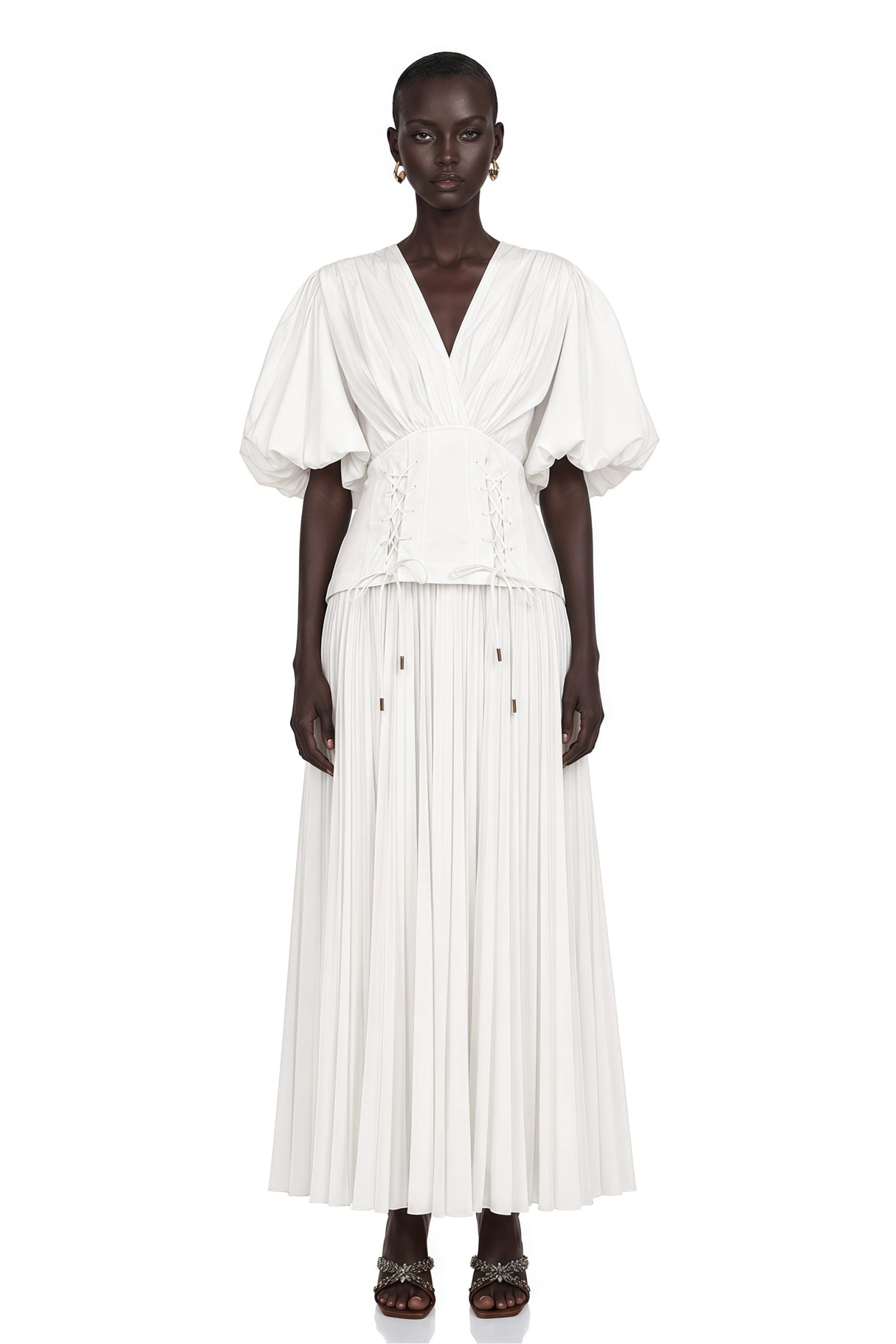 Vienne White LaceUp Pleated Maxi Dress
