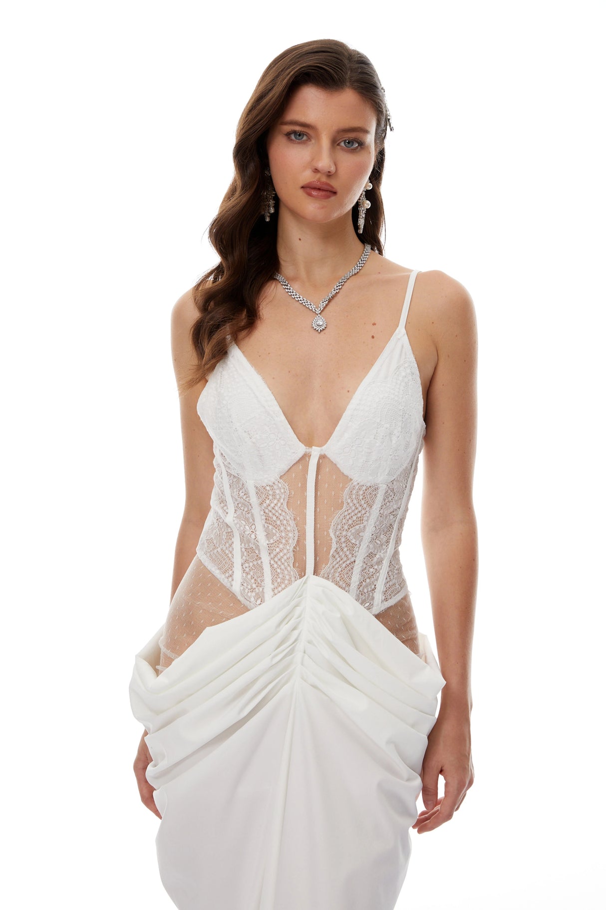 Viktoria White SemiSheer Lace Panel Maxi Dress