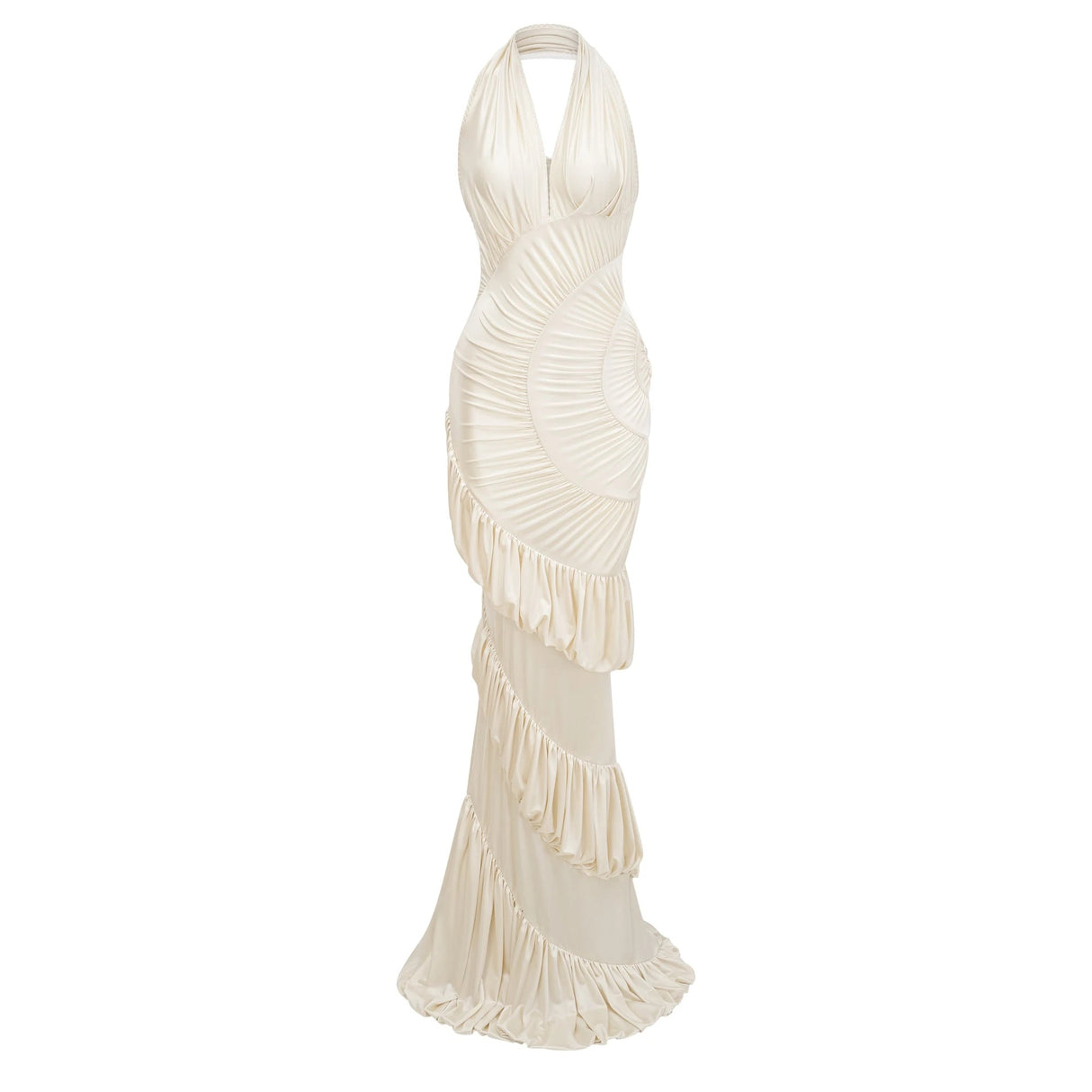 Vilhelmiina Cream White Halterneck Shirred Maxi Dress