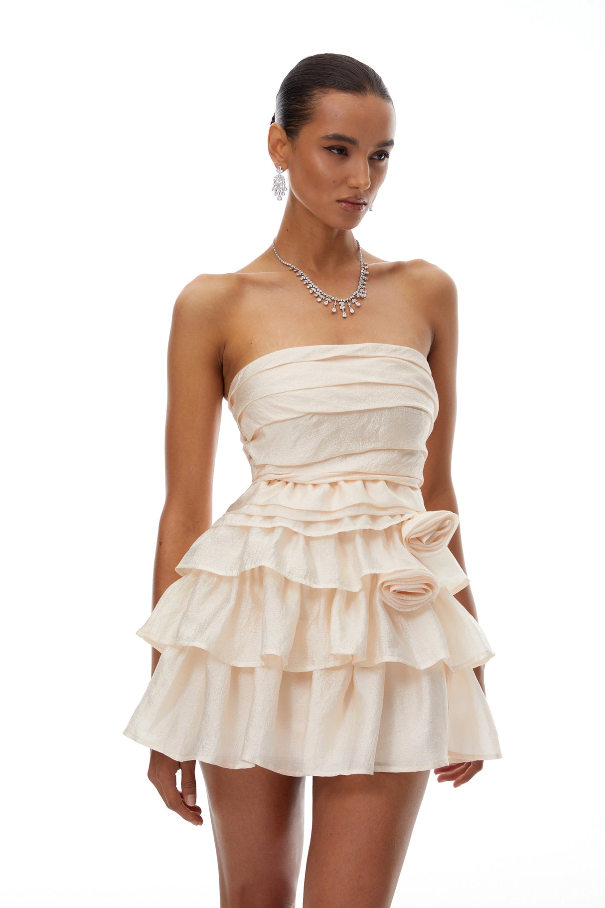 Vilja Neutral Ruffled Detail Tiered Mini Dress
