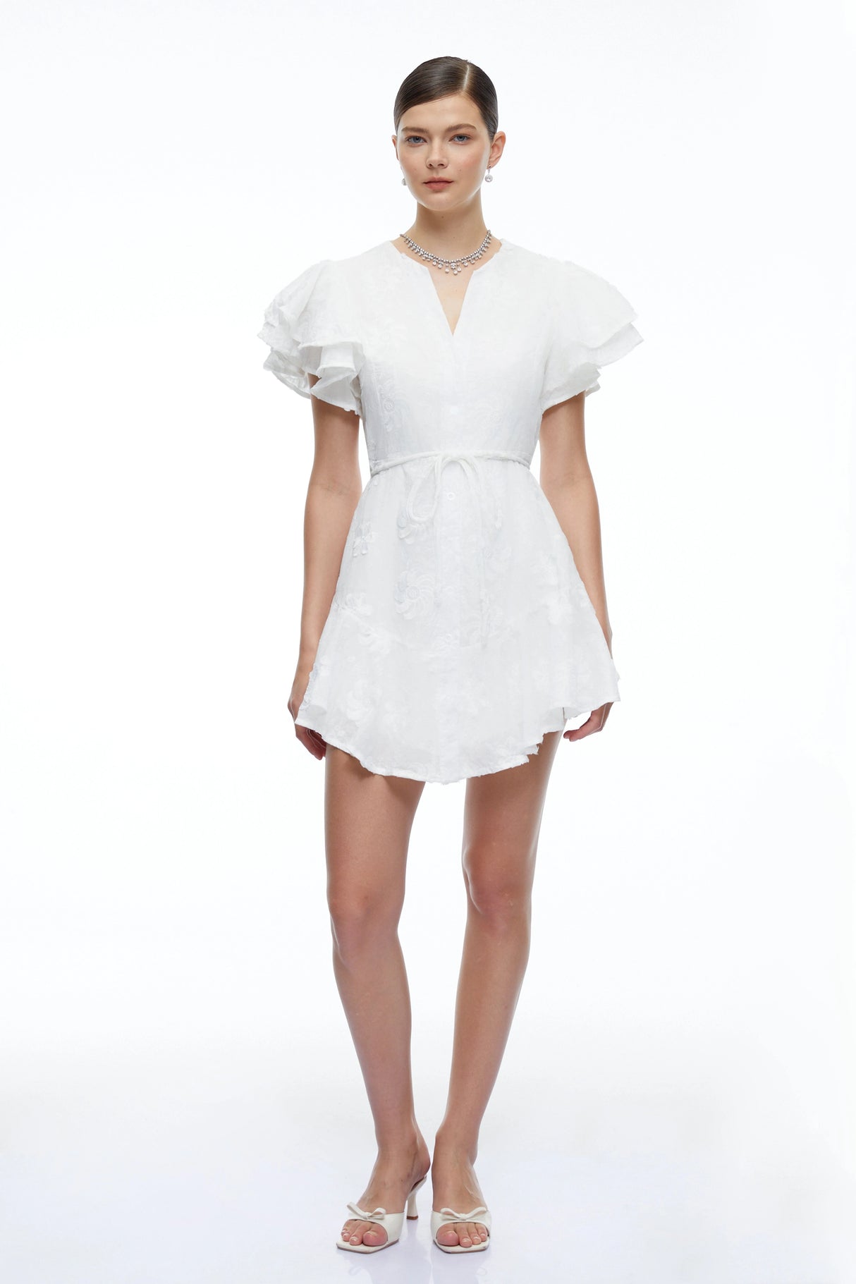 Violetta White Embroidered Mini Dress with Flutter Sleeves