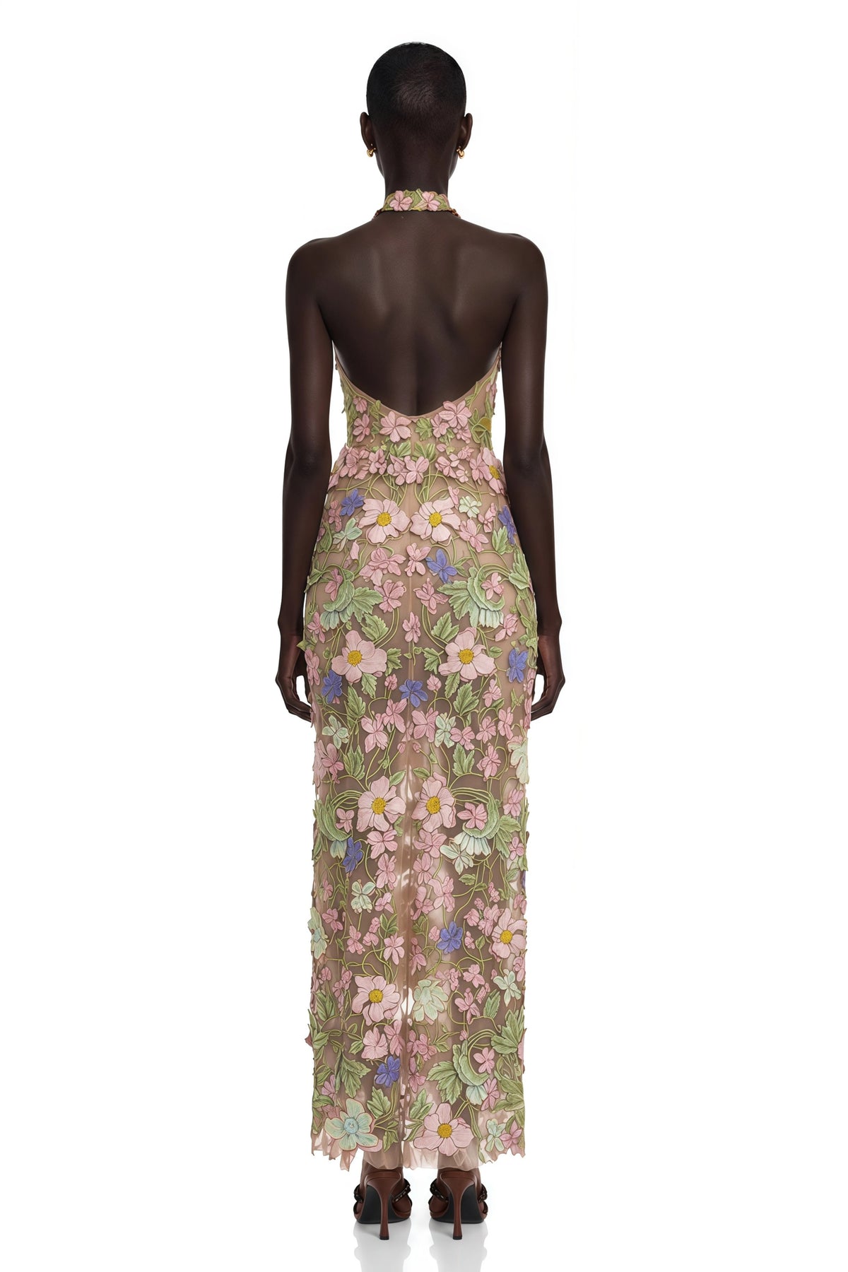 Violette Nude Halterneck Maxi Dress with 3D Florals