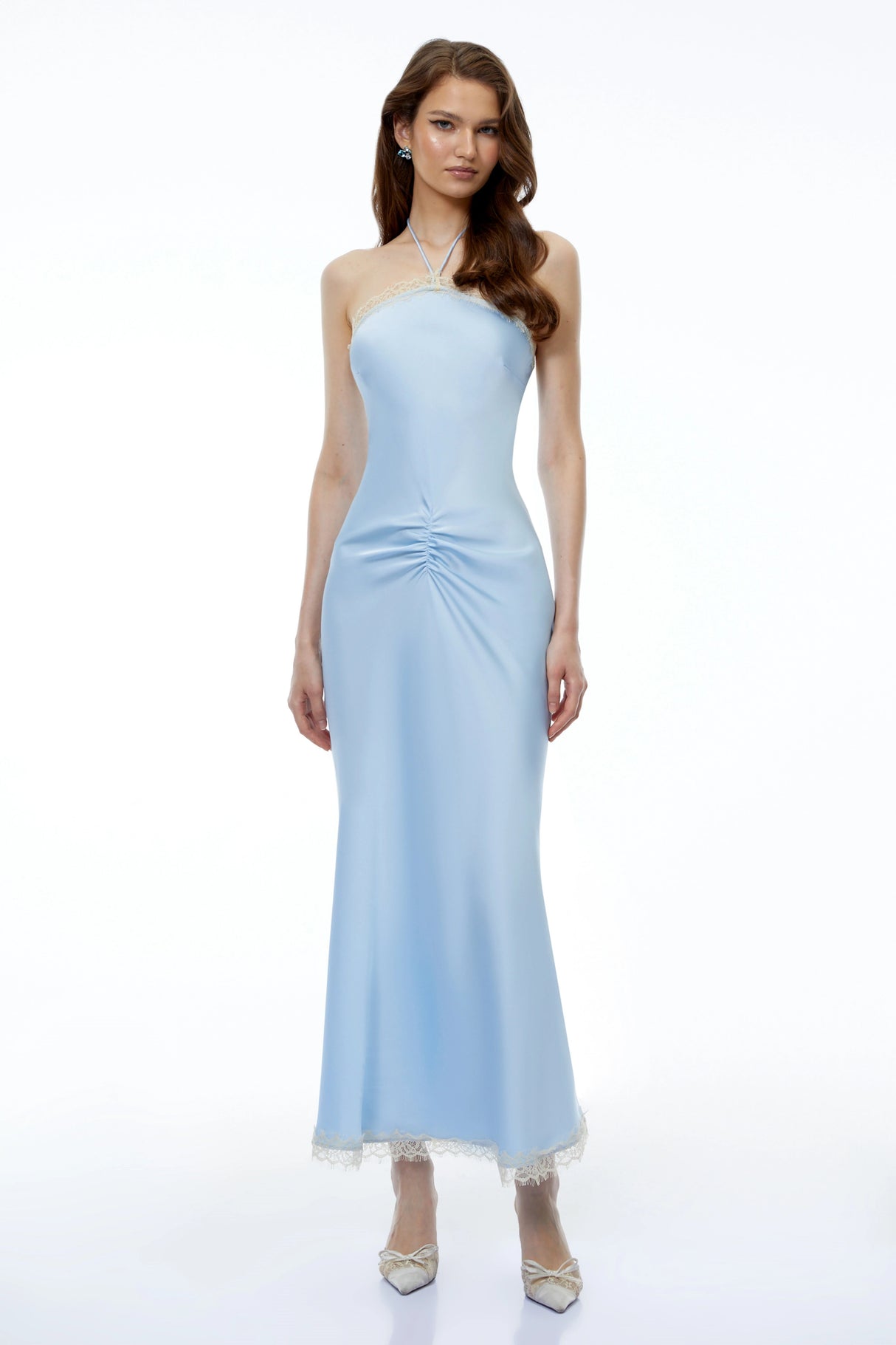 Viveka Baby Blue Halterneck Ruched Maxi Dress with Lace