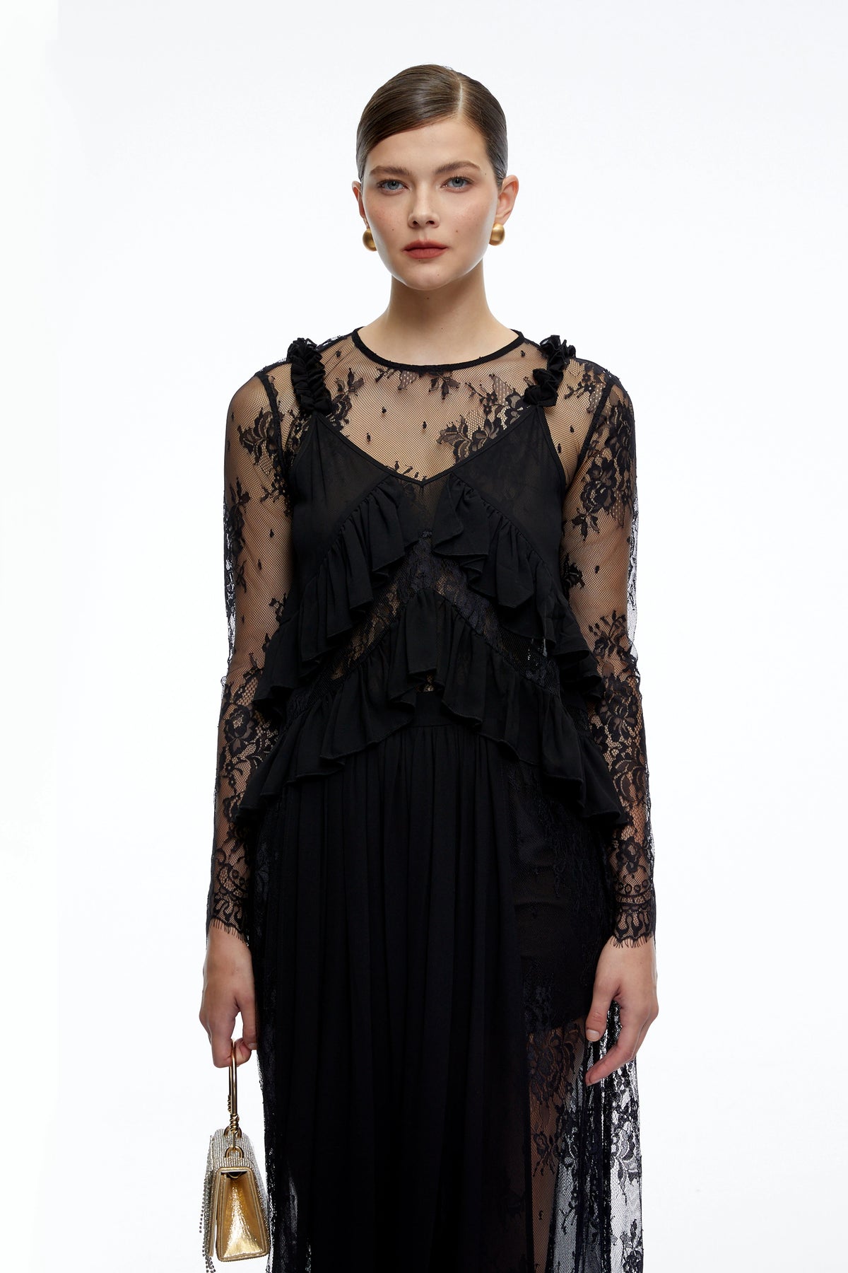 Vivian Black Sheer Lace Long Sleeves Ruffled Maxi Dress