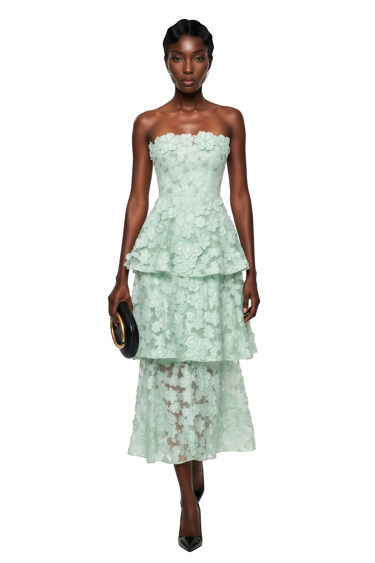 Viviana Green Tiered Midi Dress with 3D Florals
