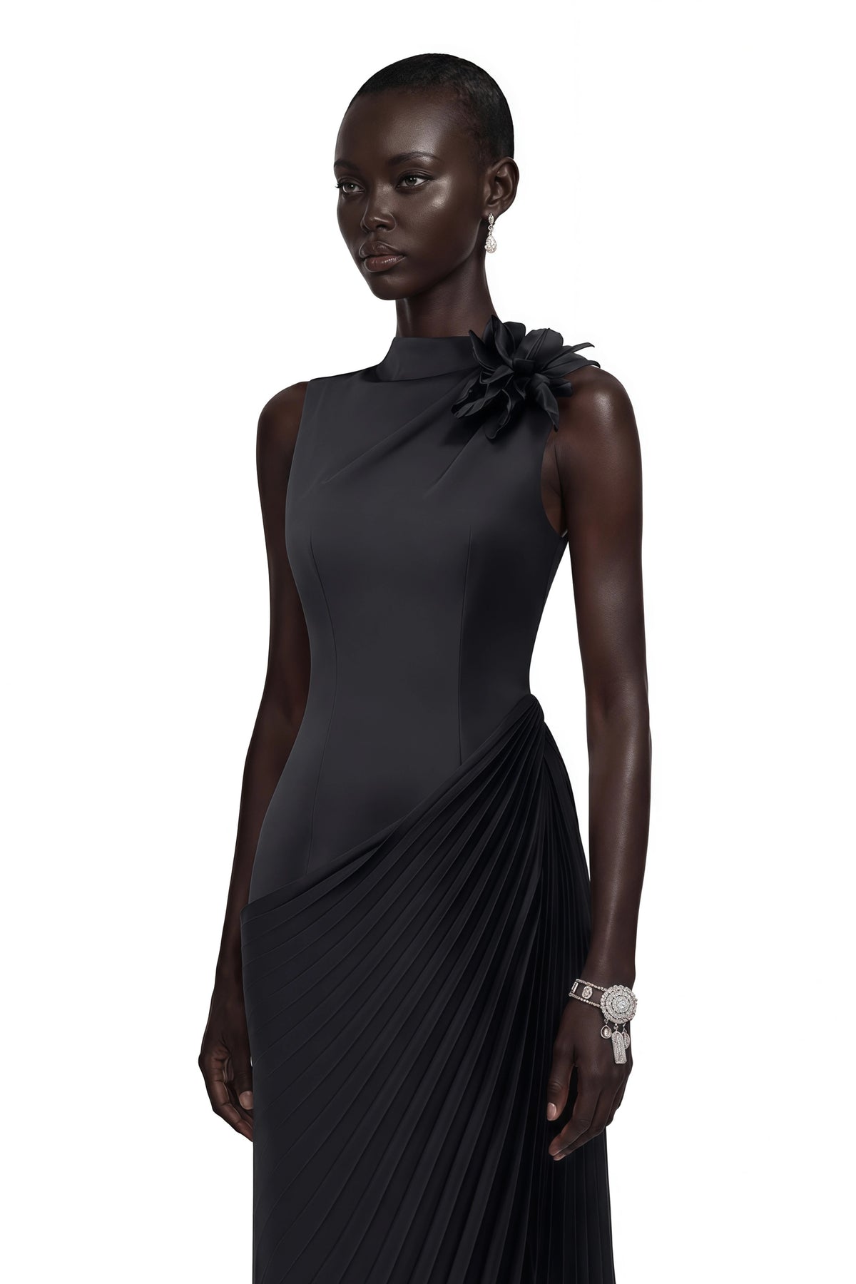 Vivienne Black Sleeveless Pleated Maxi Dress with Floral Applique