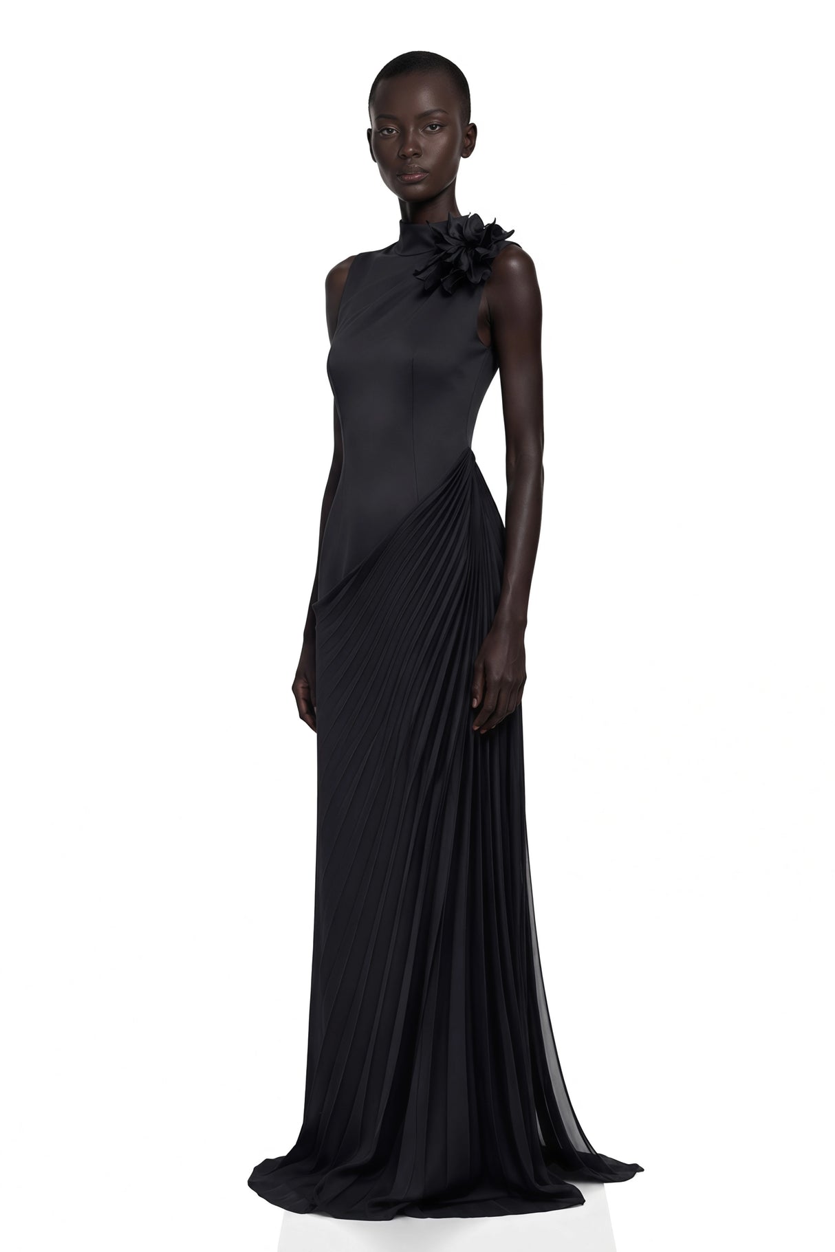 Vivienne Black Sleeveless Pleated Maxi Dress with Floral Applique