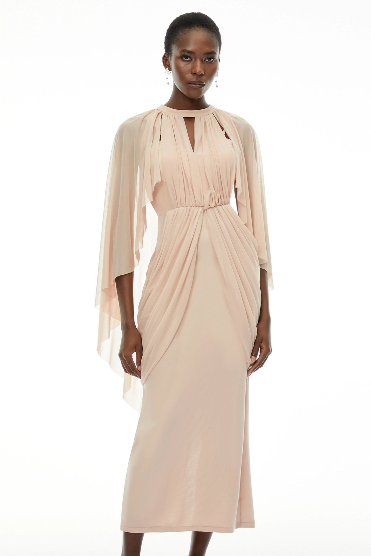Vivienne Ruched Maxi Dress with Cape Sleeves