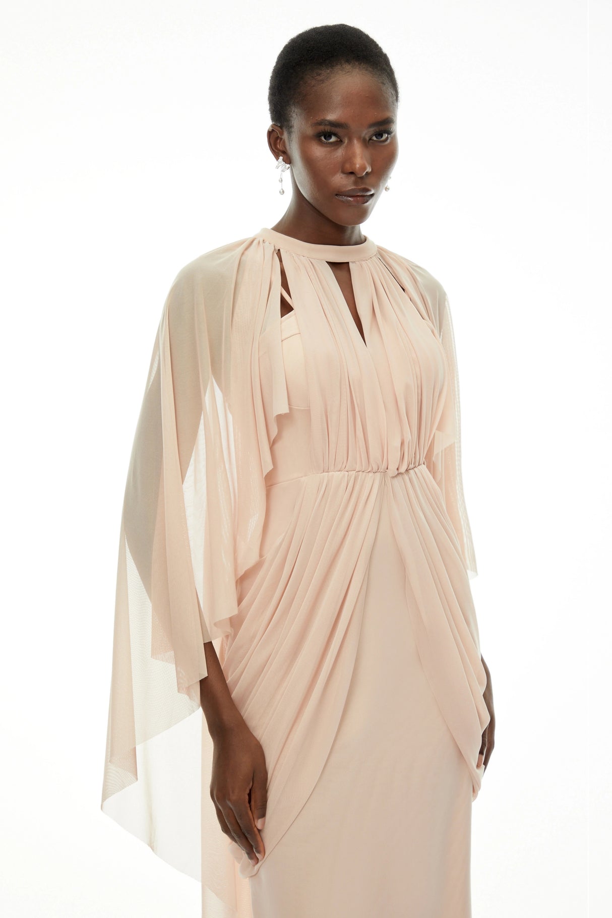 Vivienne Ruched Maxi Dress with Cape Sleeves
