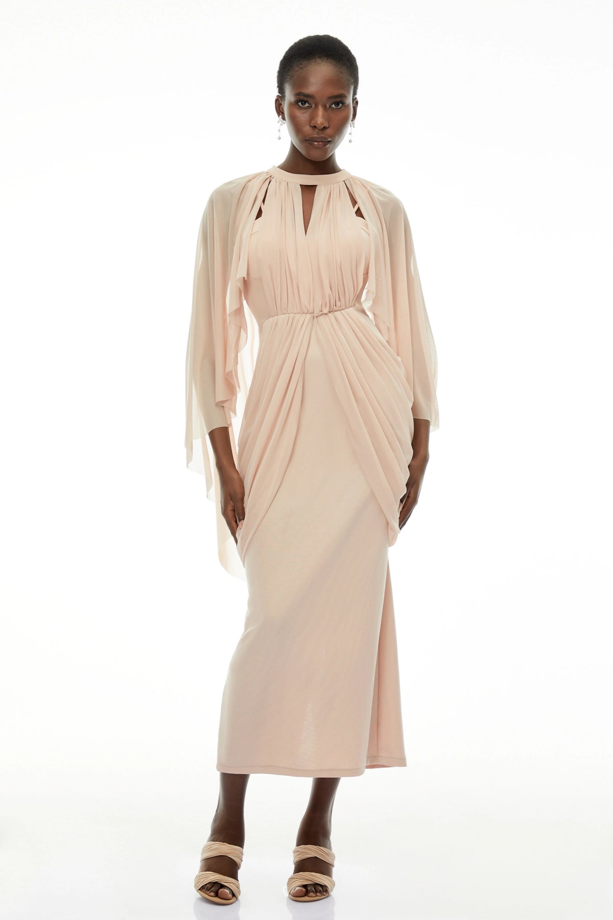 Vivienne Ruched Maxi Dress with Cape Sleeves