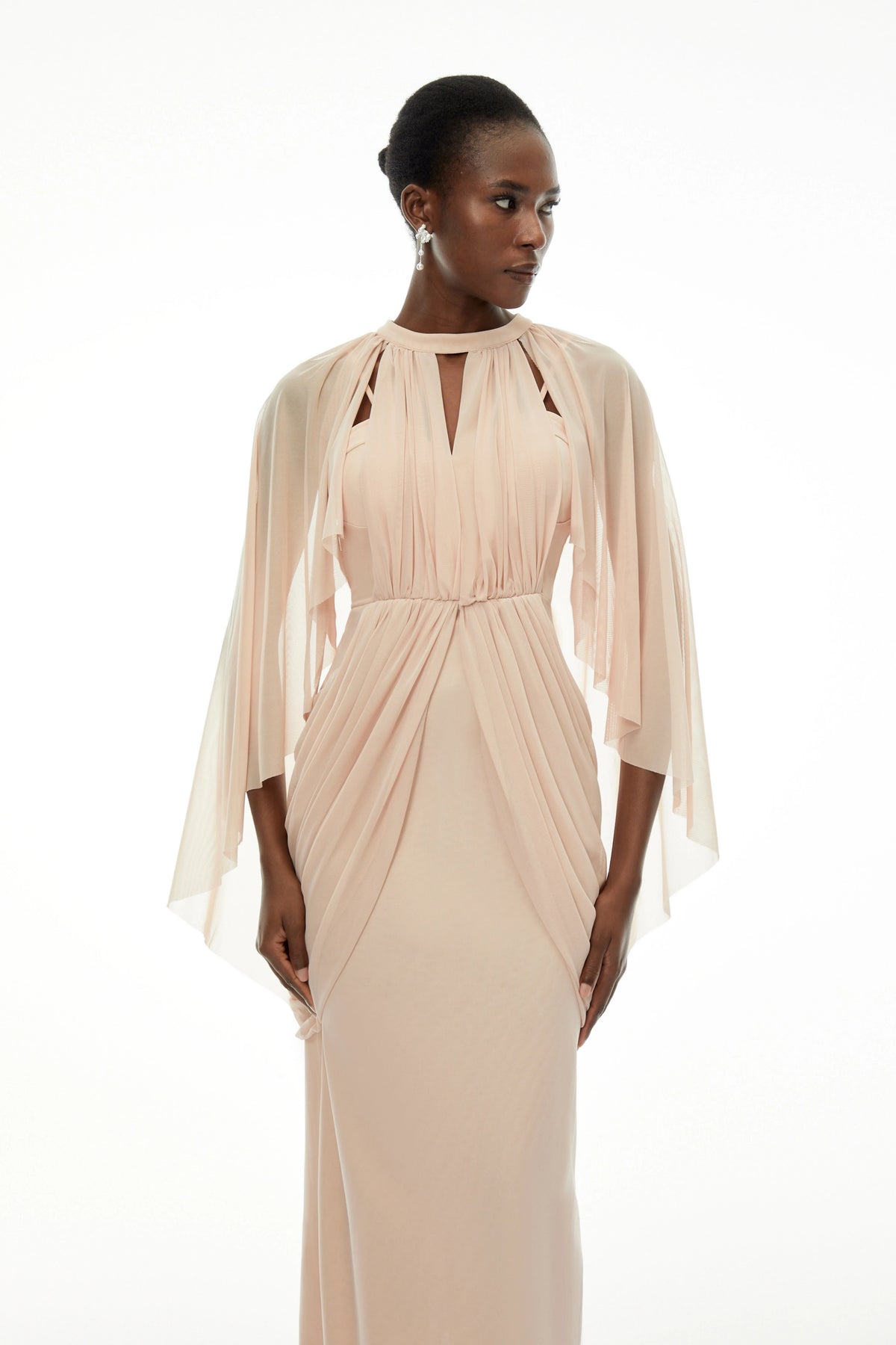 Vivienne Ruched Maxi Dress with Cape Sleeves