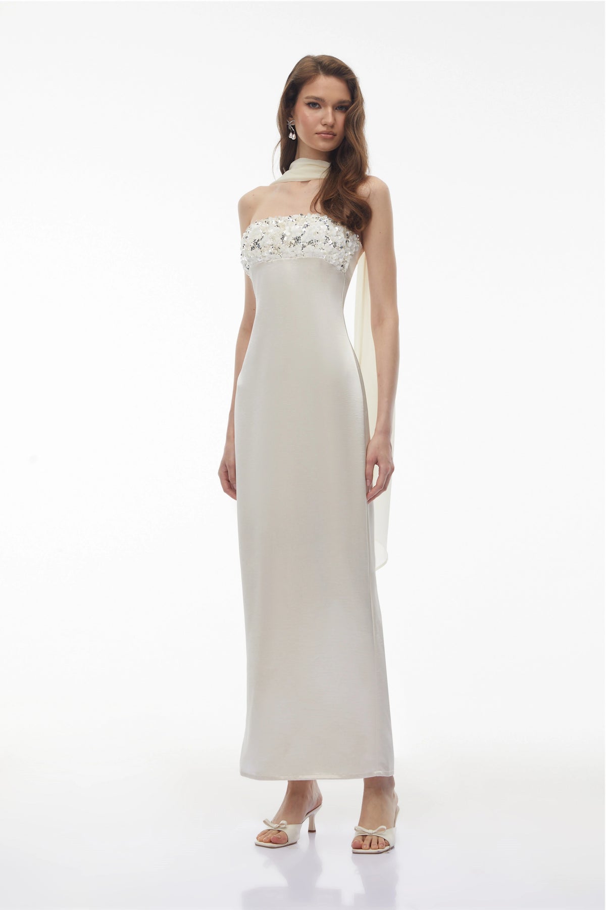 Vivienne White Off Shoulder Sequin Maxi Dress