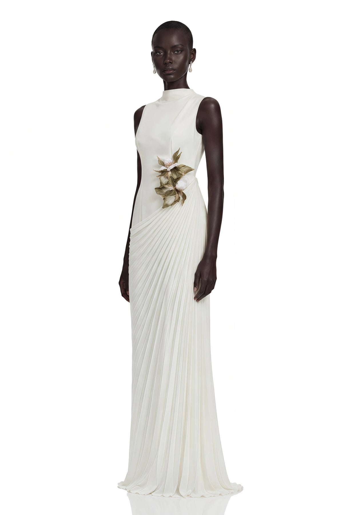 Vivienne White Sleeveless Pleated Maxi Dress with Floral Applique