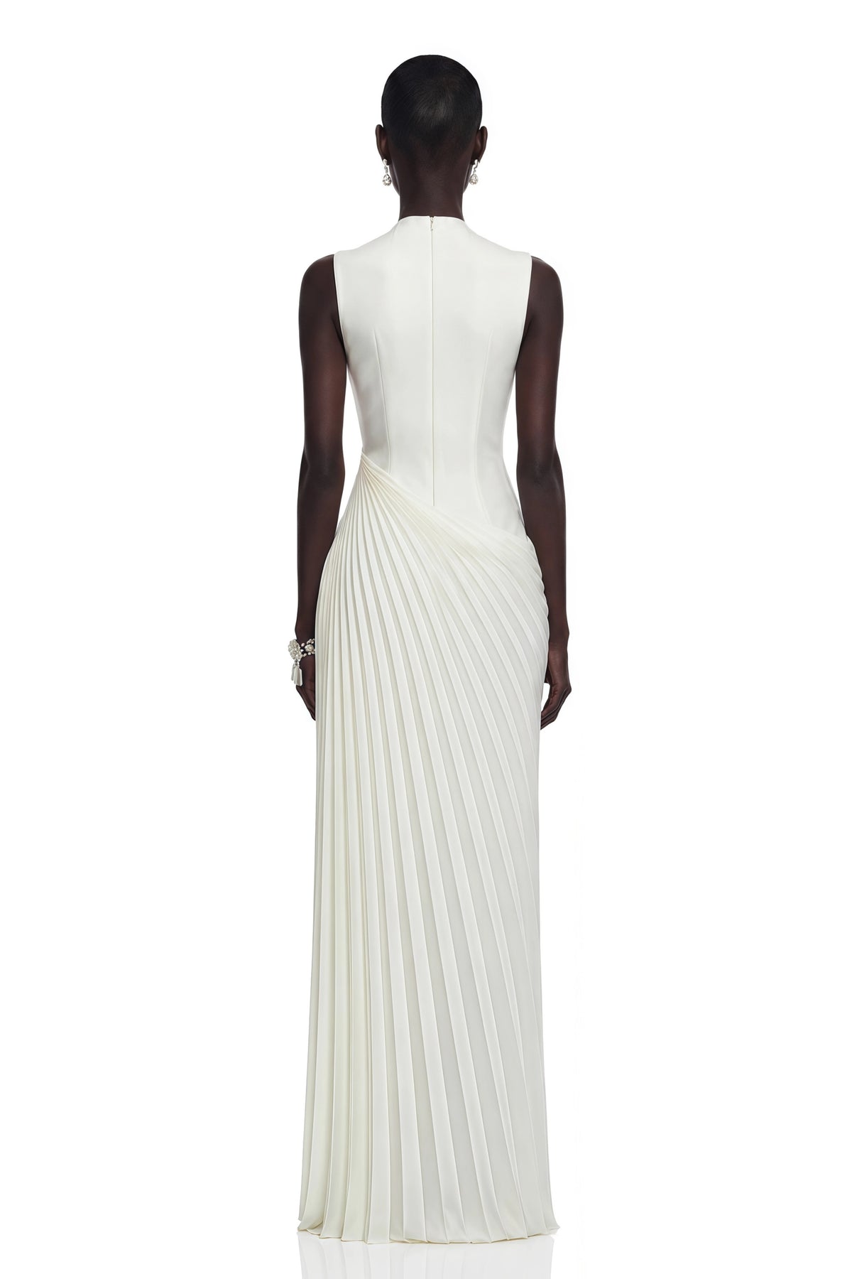 Vivienne White Sleeveless Pleated Maxi Dress with Floral Applique