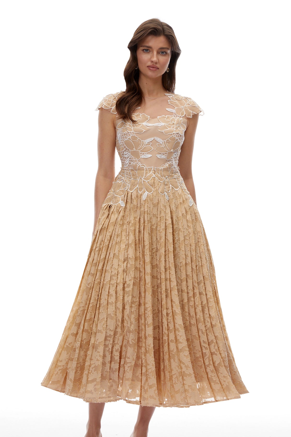 Vonda Neutral Floral Lace Pleated Midi Dress